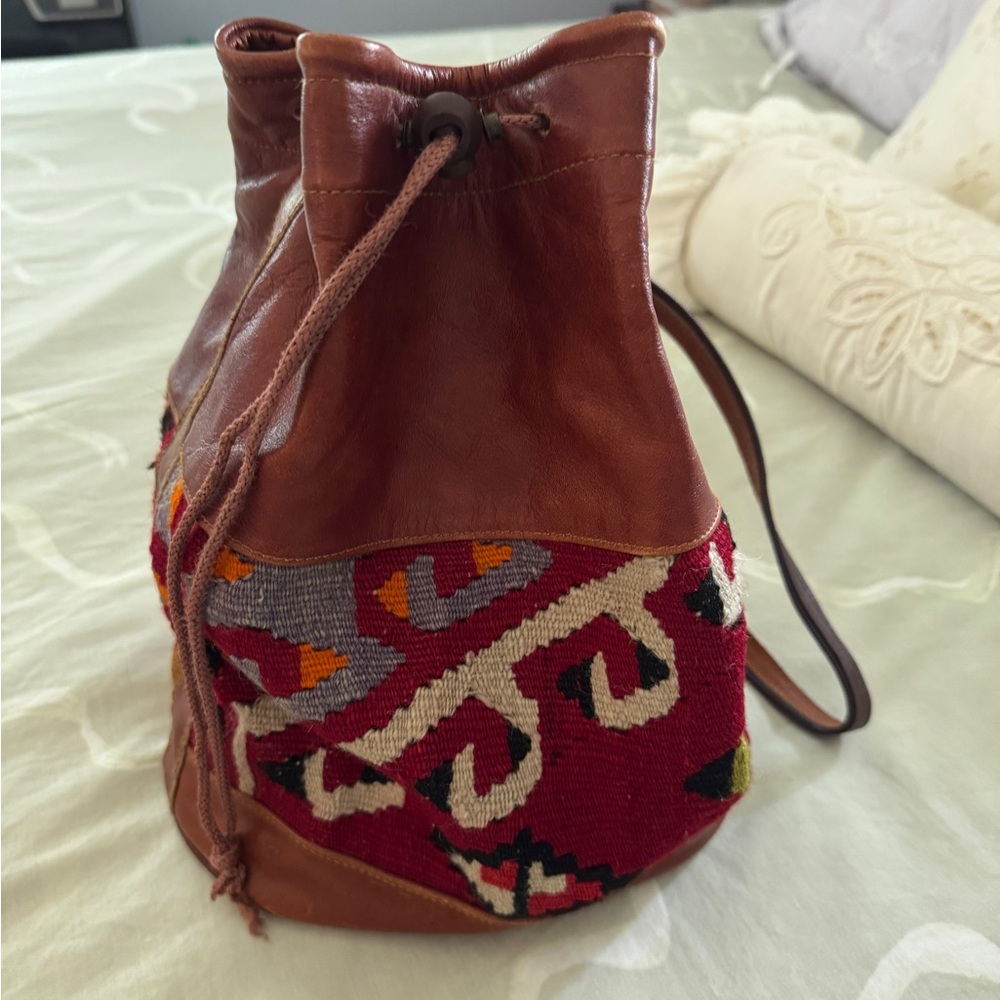 Brown And Red Patterned Leather Drawstring Bag/Ba… - image 1